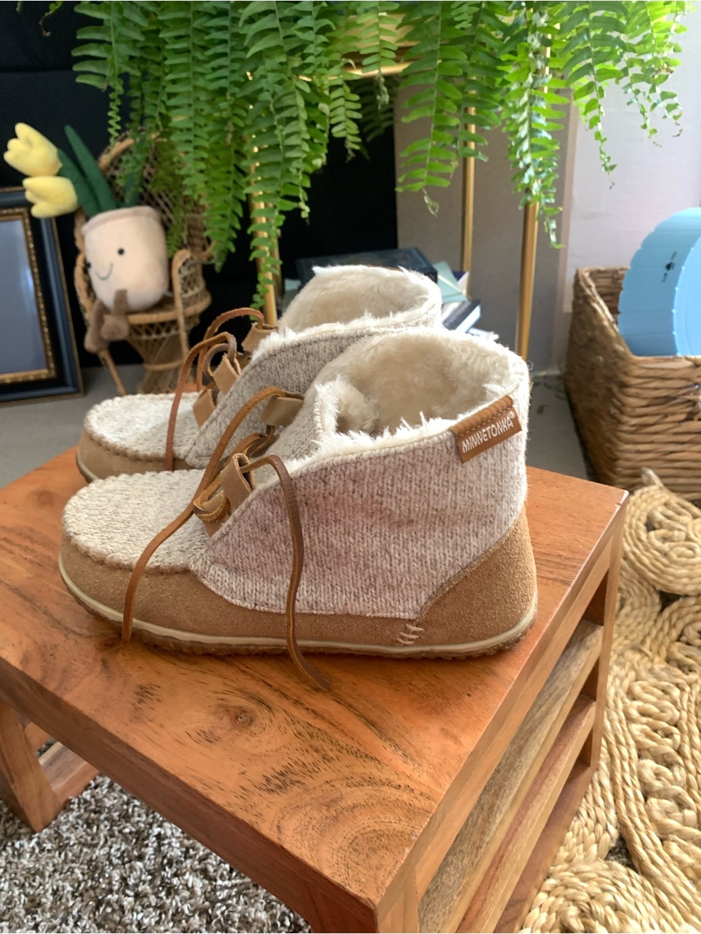 Minnetonka Cozy Lace-Up Slipper Boot in Taupe and Ivory